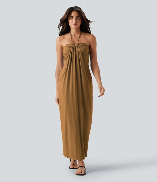 Hourglass Bodycon Halter Tie Maxi Dress with Pockets