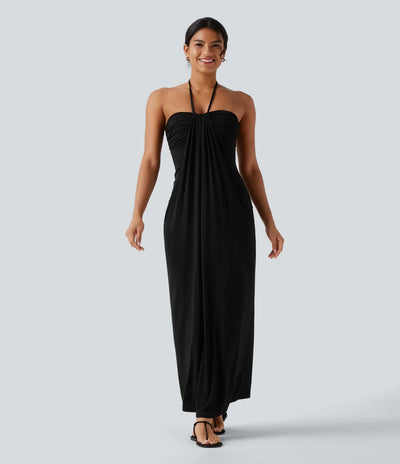 Hourglass Bodycon Halter Tie Maxi Dress with Pockets
