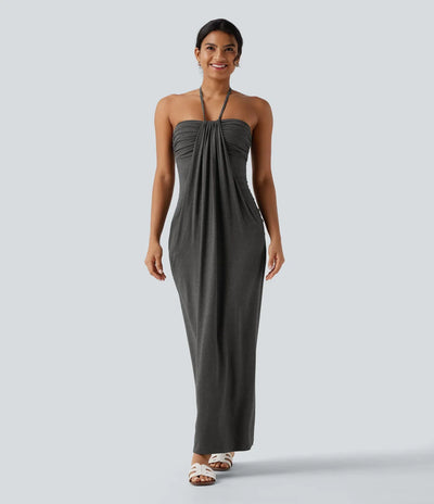 Hourglass Bodycon Halter Tie Maxi Dress with Pockets