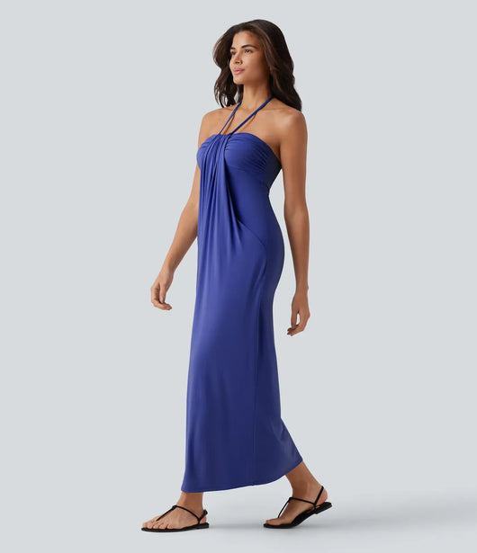 Hourglass Bodycon Halter Tie Maxi Dress with Pockets